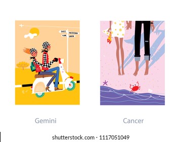 Summer love couple horoscope. Man and woman traveling via Europe by scooter and walking at the beach. Gemini and cancer. Vector illustration.