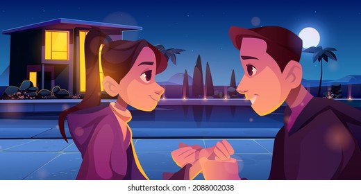 Summer Love, Couple Romantic Relations. Loving Man And Woman Holding Hands At Night. Young People Dating, Male And Female Characters Outdoor Date, Connection, Romance, Cartoon Vector Illustration