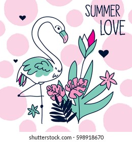 summer love with flamingo, tropical flowers and flamingo graphic design for t-shirt vector illustration