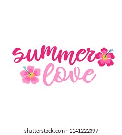 Summer love. Floral lettering. Phrase isolated in white background.
