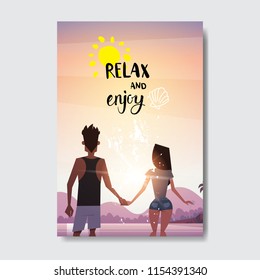 summer love man woman couple portrait holding hands looking sunset rear view relax landscape beach badge Design Label. Season Holidays lettering for logo,Templates, invitation, greeting card, prints