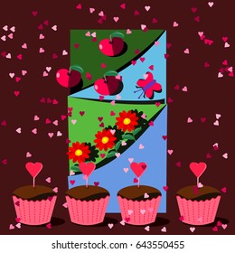 Summer love party birthday cupcake flower scrapbook style card illustration
