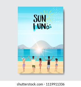 summer love people holding hands looking sunrise rear view relax landscape beach badge Design Label. Season Holidays lettering for logo,Templates, invitation, greeting card, prints and posters. vector