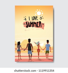 summer love people holding hands looking sunset rear view relax landscape beach badge Design Label. Season Holidays lettering for logo,Templates, invitation, greeting card, prints and posters. vector