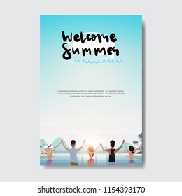 summer love people relax hands up landscape beach badge Design Label. Season Holidays lettering for logo,Templates, invitation, greeting card, prints and posters copy space vector illustration