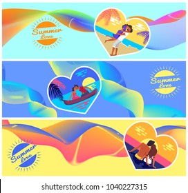 Summer love photos in heart shape frame vector flyers. Happy couples on vacation at seaside kiss on sunset, hug on beach and hold each others hands in ocean