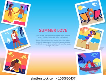 Summer love poster with affectionate happy couples on vacation photos isolated vector illustrations on gradient background with text.