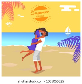 Summer love poster man with beard in shorts lifts his girlfriend in dress and kisses on seaside under palm tree vector illustration on background of sea and sky