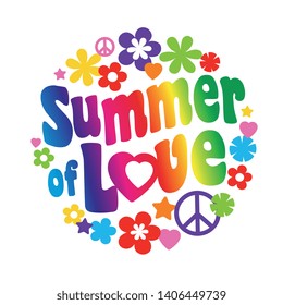 Summer of love typography in a circle with flowers and peace and love sign