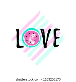 Summer in LOVE Watermelon greeting card, cute print for t-shirt. Vector Illustration typographical background with hand drawn watermelon.