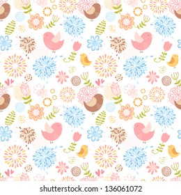 Summer lovely floral seamless pattern with birds and flowers