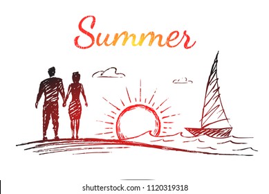 Summer. Lovers stand on the beach and watch the sunset. Vector love concept illustration, hand drawn sketch.