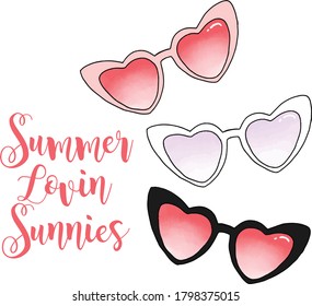 Summer lovin sunnies. 3 pairs of cute retro hand drawn sunglasses. Pink, black, white, and purple. Watercolor gradient lenses.