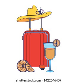 Summer luggage with hat cocktail and orange cartoons vector illustration graphic design