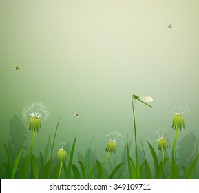 summer magic day, morning fresh summer background with dandelions, dragonfly and butterfly, vector