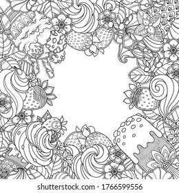Marco mágico de verano al estilo doodle. Elementos florales, ornamentales, decorativos de diseño vectorial. Helados, postres, fresas. Fondo blanco y negro. página del libro de coloreado, espacio de copia