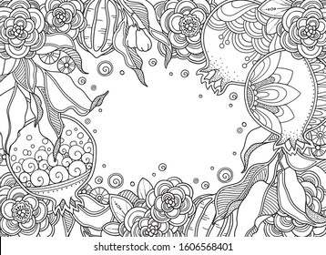 Summer magic horizontal frame in doodle style. Floral, ornamental, tribal, decor design elements. Garden flowers, pomegranate fruits. Black and white background. Coloring book page, copy space