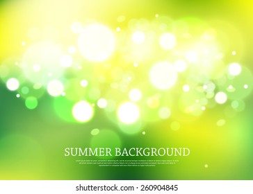 Summer magical background with blurred bokeh lights and place for text. Vector illustration.