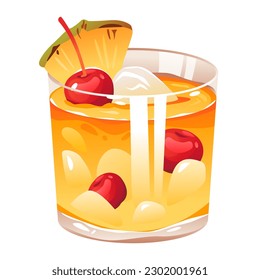 Summer Mai Tai cocktail with cherry, pineapple and rum. Drink with ice. Cartoon vector illustration.