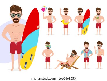 Summer male character vector set. Man characters in summer activity standing and sitting poses like holding surf board, playing beach ball and drinking coconut juice isolated in white background. 