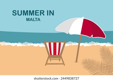 Summer in Malta, beach chair and umbrella, vacation or holiday in Malta, vacation concept vector design, summer holiday, sea sand sun, travel and tourism idea