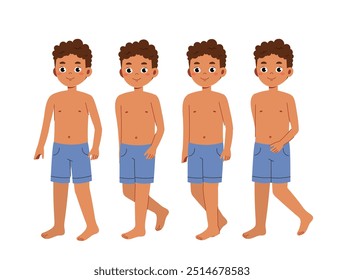 Construtor do homem de verão. Jovem de baú. Kit para criar desenho animado. Pacote de caracteres em vários ângulos. Férias e férias. Coleção de vetores planos isolada no plano de fundo branco