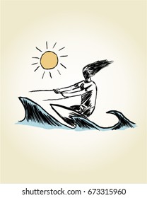 Summer, Man playing at ocean, beach, Sketch, Drawing