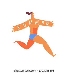 Summer man runs the beach with his arms wide open. Concept of summer vacation , rest, travel.