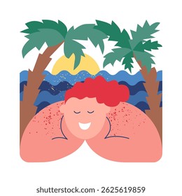 Summer. Man is sunbathing under palm trees by the sea during his vacation. Flat geometric simple cartoon vector illustration.