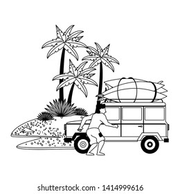 Summer man with van and surf tables in the beach vector illustration graphic design