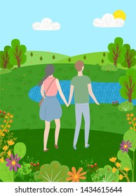 Summer, man and woman spend time together on nature, meadow and sky. Cartoon people walking in forest among green trees and flowers, blue lake or pond