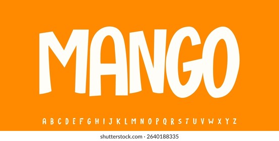 Summer Mango drupe, joyful lettering, cartoon funny typography. Childish font for friendly logo headline of culinary recipe book, sweets, ice cream title. Food typographic design. Vector typeset.
