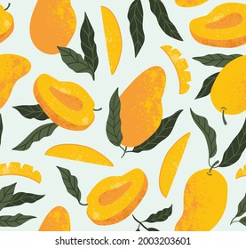 Summer mango fruit seamless pattern. Vector textured fruit fabric design. Tropical and bright pattern design.