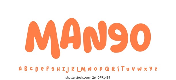 Summer Mango, joyful lettering, cartoon rounded typography. Childish font for friendly logo headline of culinary recipe book, sweets, ice cream title. Food typographic design. Vector typeset.