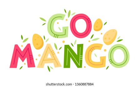 Summer mango vector illustration. Fresh colorful summer card with hand drawn lettering. Vector flat cartoon illustration.