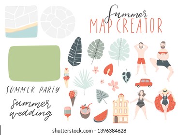 Summer map and card creator elements. Collection of scrapbooking elements for beach party, wedding invitation, poster, banner etc.