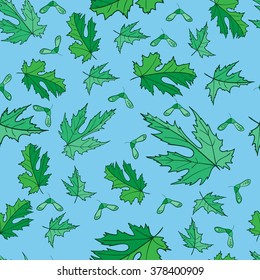 Summer maple leaves on blue background, vector seamless pattern
