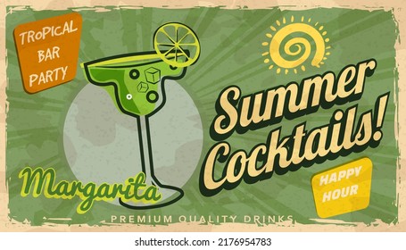 Summer Margarita Cocktail Retro Banner. Cocktail Lounge Vintage Background, Scratched Old Textured Paper