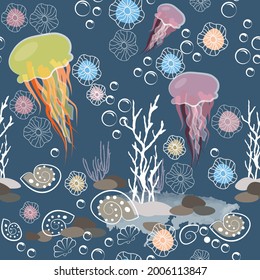 summer marine abstract pattern with seashells and jellyfish 