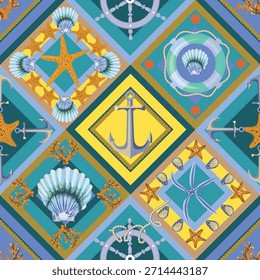Sommer Marine Anker und Muscheln Muster in bunten geometrischen Quadraten Vektor nahtloses Design.