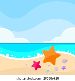 Summer Marine Beach Sand Sea Star Starfish Concept Card Ocean Tropical Vacation Holiday Blue Sky Flat Vector Illustration