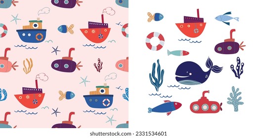 Summer marine collection with seamless pattern and cute nautical elements, design inspiration for kids wallpaper, fabric, wrapping paper