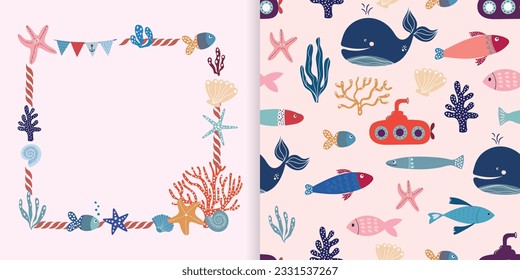 Summer marine collection with seamless pattern and cute nautical frames, design inspiration for kids wallpaper, fabric, wrapping paper