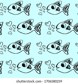 Sommermarinensammlung mit nahtlosen Mustern, blauem Hintergrund und schwarzer Kontur. Das Muster besteht aus süßem Fisch und süßen Herzen, verwendet in der Gestaltung von Kindergewebe, Umhüllungspapier .