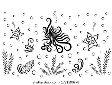 Summer marine composition: octopus, shell, seaweed, bubble and starfish. Sea. Hello summer. Relaxation. Underwater world. Image for your  design. Isolated objects white background. Vector illustration