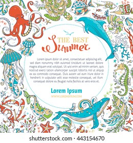 Summer Marine Life Circle Frame. Whale, Dolphin, Turtle, Fish, Starfish, Crab, Shell, Jellyfish, Octopus, Seahorse, Algae. Underwater Wild Animals And Plants. There Is Place For Your Text On White.