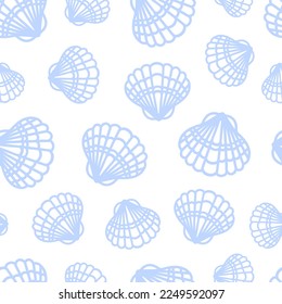 Sommermarinalistische nahtlose Muster mit Muscheln. Scallop, Pectinidae, Muscheln Ozeanwohnern. Weiße und blaue Farben. Line Art Stil. Für Tapeten, Stoffdruck, Umhüllung.