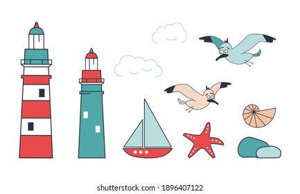 Summer marine pattern set of bright coloured icons. Suitable for notepad, clothing, children's party. Vector flat illustration on white background.