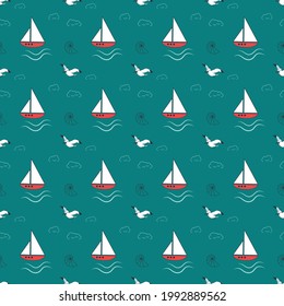 Summer marine pattern with ships, waves and seagulls on a blue background. Cute print with marine objects and seashells. Design for wrapping paper, stationery and textiles.