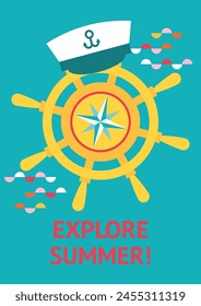 Summer marine poster with ship's helm and captain's cap. Abstract nautical background. Trip adventure concept. Vector illustration, card, invitation